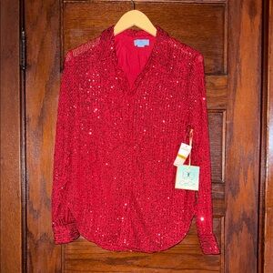 Small CeCe Red Sequins Button Up Top